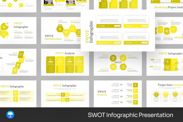 SWOT分析模型信息图形、企业战略诊断Keynote模板