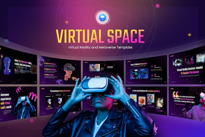创意VR虚拟现实空间、元宇宙前沿科技应用介绍keynote模板