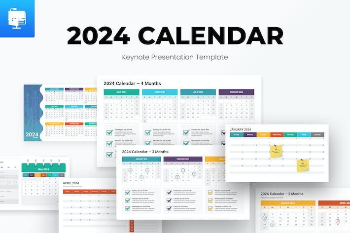创意彩色风格多样式2024新年日历与个人生活工作规划Keynote模板