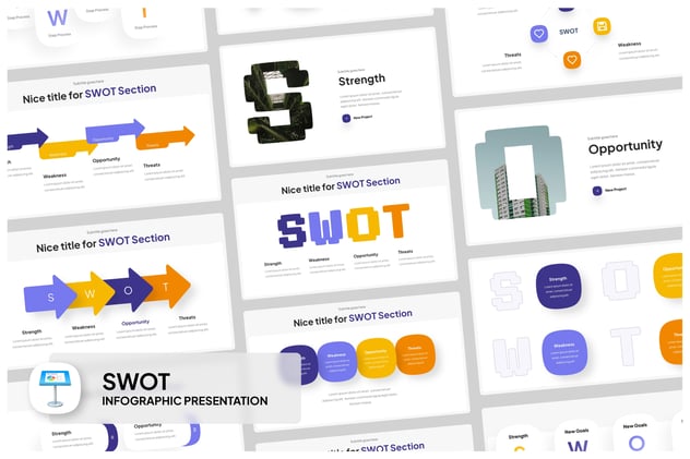 SWOT战略分析信息图形、竞争态势与应对策略Keynote模板