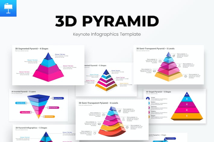 彩色3D立体金字塔逻辑架构及层级数据展示Keynote模板