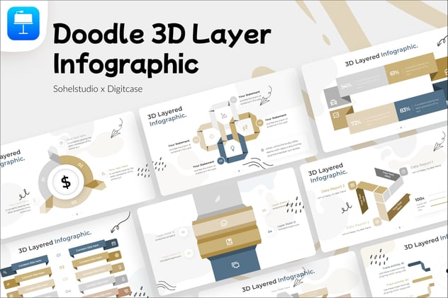 3D立体层级金字塔信息图表涂鸦风格与数据架构分析Keynote模板