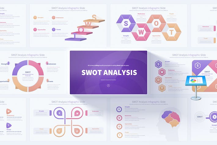创意彩色视觉SWOT模型、企业核心竞争力评估分析图形keynote模板