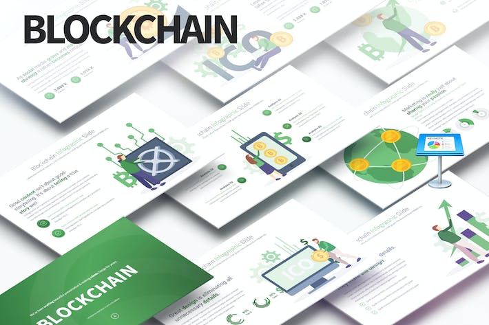 现代网络科技前沿、区块链技术原理概念插画图形keynote模板